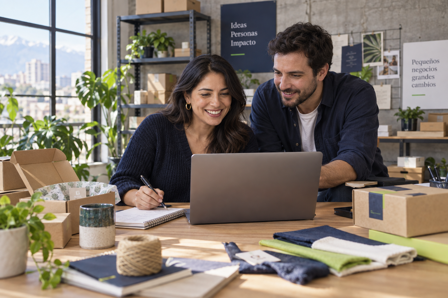 Escena ilustrativa generada con IA: emprendedores trabajando con un computador en su estudio